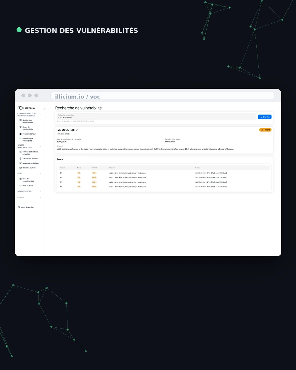 Interface de gestion des vulnérabilités de la plateforme VOC illicium